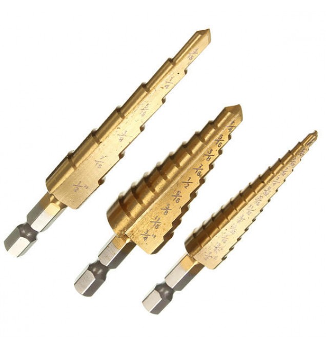 3pcs HSS Step Drills 1/4 Inch Hex Shank Titanium Coated Step Drill Bit Set